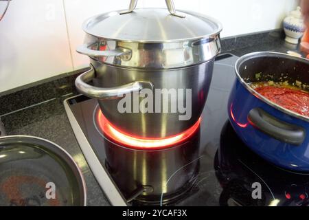 Großer silberner Topf auf einem roten Brenner eines elektrischen Herds, der sich in voller Flamme verwandelt hat. Daneben gibt es noch einen blauen Topf mit Tomatensauce, der Makkaroni bo zubereitet Stockfoto