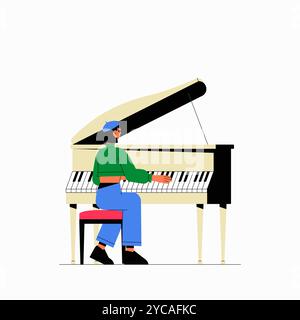 Pianistin Spielt Grand Piano In Der Flachen Vektor-Illustration, Die Musik, Kreativität Und Leistung Symbolisiert, Isoliert Auf Weißem Hintergrund Stock Vektor