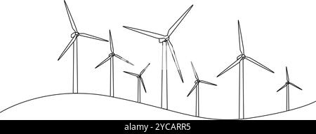Kontinuierliche einzeilige Zeichnung von Windparks, die erneuerbare Energie erzeugen, Strichgrafik-Vektor-Illustration Stock Vektor