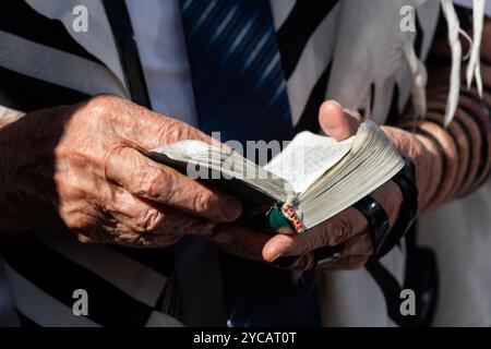 Nahaufnahme der faltigen, alten Hände eines älteren jüdischen Mannes, der Tefillin trägt und ein Siddur oder ein jüdisches Gebetbuch hält. Stockfoto