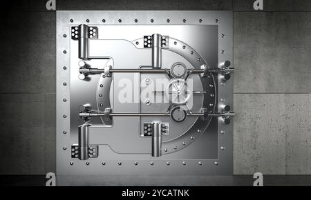 Die große Tür des Metallbankgewölbes schließt sich in einem Betonraum 3d Stockfoto