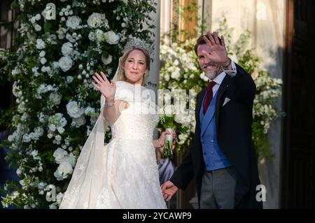 Athen, Griechenland. 28. September 2024. Prinzessin Theodora von Griechenland kommt mit ihrem Bruder, Kronprinz Pavlos von Griechenland, zur Hochzeit mit Matthew Kumar in die Metropolitan Cathedral. Quelle: Dimitris Aspiotis/Alamy Stockfoto