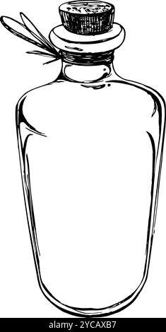 Glasflasche, verlängertes Glas mit Kork und Schnur um den Hals. Handgezeichnete grafische Illustration in schwarz-weißer Strichgrafik. Isoliertes Objekt Stock Vektor