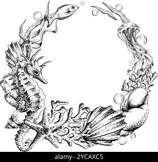 Seepferdchen mit Quallen, Fischen, Korallen, Algen, Muscheln, Korallen und Seesterne. Handgezeichnete grafische Illustration in schwarz-weißer Strichgrafik. Rahmen Stock Vektor