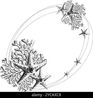 Seesterne mit Korallenzweigen. Handgezeichnete grafische Illustration in schwarz-weißer Strichgrafik. Ovaler Rahmen, Kranz, Textplatzhalter auf einer Marine Stock Vektor