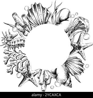 Seepferdchen mit Quallen, Fischen, Korallen, Algen, Muscheln, Korallen und Seesterne. Handgezeichnete grafische Illustration in schwarz-weißer Strichgrafik. Rahmen Stock Vektor