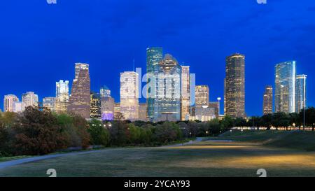 Skyline von Houston City bei Nacht in Houston, Texas Stockfoto