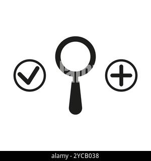 Lupensymbol. Häkchen und Plus. Symbol suchen und auswählen. Vektorabbildung. Stock Vektor