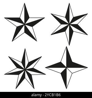 Sternenkompasssymbole. Schwarz-weißer Stern. Navigationsvektorsymbole. Geometrische Formen festgelegt. Stock Vektor
