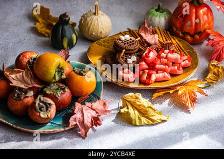 Ein Halloween-Sortiment mit Plätzchen mit Marshmallow, gummiartigen Zähnen, Reifen Persimmons und dekorativen Kürbissen, die alle unter Col angeordnet sind Stockfoto