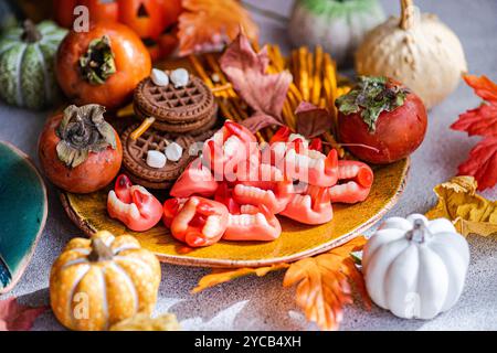 Festlicher Halloween-Aufstrich mit Keksen, Kaugummi in Form von Vampirzähnen, Persimmonen und Miniaturkürbissen umgeben von Herbstblättern Stockfoto