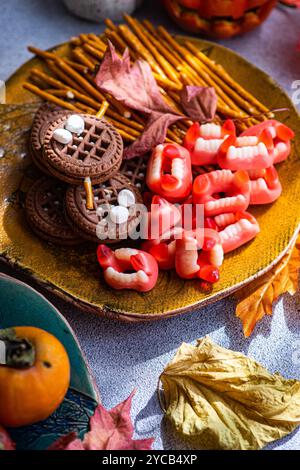 Farbenfrohe Arrangements von Bonbons mit Halloween-Motiven, einschließlich dekorierter Kekse, roter Gummizähne und Marshmallows, präsentiert auf einer Keramikplatte mit Autom Stockfoto