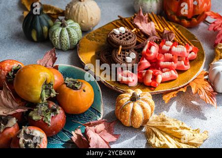 Eine Vielzahl von süßen Leckereien, darunter Kekse, Marshmallow-Zähne und rote Gelee-Bohnen, gepaart mit frischen Persimmons und dekorativen Kürbissen, umgeben von B Stockfoto