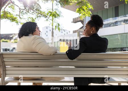 Rückansicht von zwei Frauen, eine Hispanistin und eine Afroamerikanerin, führen an einem sonnigen Tag eine lebhafte Diskussion, während sie auf einer Parkbank sitzen. Sie sind Bot Stockfoto