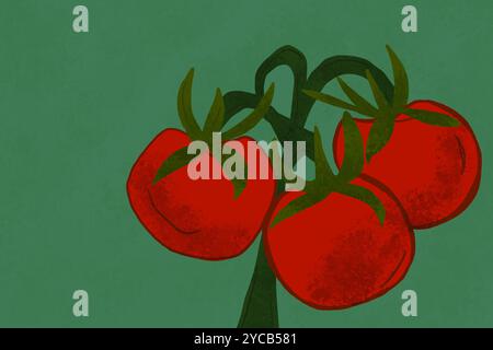 Eine künstlerische Illustration, die eine Gruppe von leuchtenden roten Tomaten an einem Stab zeigt, vor einem gedämpften grünen Hintergrund, die die natürliche ess einfängt Stockfoto