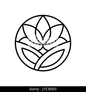 Einfache Lotosblume mit runder Linie. Emblem-Pflanze im kreisförmigen linearen Stil. Abstrakte Vektor-Abzeichen für Design von natürlichen Produkten, Blumengeschäft Stock Vektor