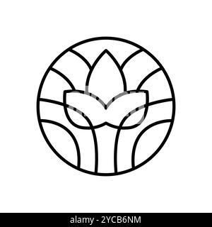 Logooptik mit rundem Blumenmuster. Emblem-Pflanze im kreisförmigen linearen Stil. Abstrakte Vektor-Abzeichen für Design von Naturprodukten, Blumenladen, Kosmetik Stock Vektor