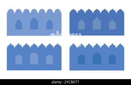 Abstrakte marokkanische saudische Medina-Wände. Östliches Gebäude, Hausfront. Traditioneller arabischer Bogen, Tür, Fenster, Tor. Vektorostorientalische Ästhetik Stock Vektor