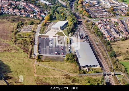 Eine Drohnenaufnahme des Locomotion Railway Museum in Shildon, County Durham, Nordengland, Großbritannien Stockfoto