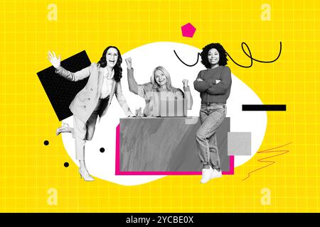 Composite Trend Artwork Sketch Collage von Workspace Team Arbeit drei mittlere Alter Frau Arbeit Büro Manager Tisch Laptop Coworking Happy Smile Stockfoto