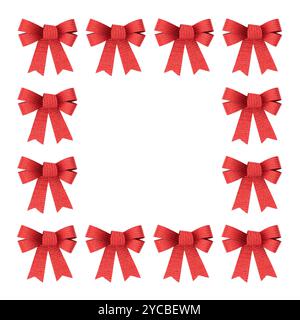 Hintergrund mit abstraktem Muster mit roter Schleife, quadratisches Design auf weiß, Kopierraum. Dekoratives Arrangement zum Geburtstag, weihnachtliches Design. Stockfoto