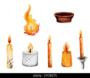 Kerzenset mit Kerzenständern. Kerzen mit brennender Flamme und fließendem Wachs. Realistischer Stil mit Wasserfarben. Designelemente für Einladungen, Karten Stockfoto