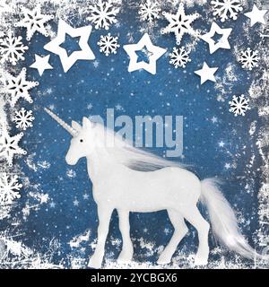 Magische Einhorn weihnachten Schneeflocke Stern schneeblaue Hintergrund Grenze. Abstraktes Fantasy-Dekorationsdesign für Yule, Noel, Weihnachten. Grußkarte, Geschenkanhänger Stockfoto