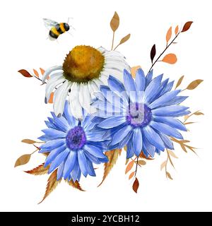 Hummel, Gänseblümchen, Rudbeckia und trockene Herbstzweige. Aquarellzusammensetzung isoliert. Farbenfrohe Handzeichnung von Waldpflanzen im realistischen Stil Stockfoto