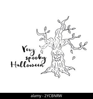 Karte oder Poster mit handgezeichneter Halloween-Illustration mit bösem Waldbaum Stock Vektor