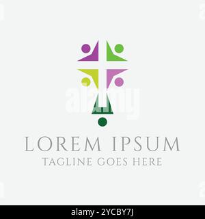 Modernes abstraktes menschliches Kind Kinder mit Jesus christlich-katholischem Kreuz für Community Charity Foundation Logo Design Vektor Stock Vektor