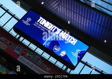 London, Großbritannien. Oktober 2024. Eine detaillierte Ansicht des Emirates Stadium vor der UEFA Champions League, League Stage Arsenal gegen den FC Shakhtar Donetsk im Emirates Stadium, London, Großbritannien, 22. Oktober 2024 (Foto: Izzy Poles/News Images) in London, Großbritannien am 20. Oktober 2024. (Foto: Izzy Poles/News Images/SIPA USA) Credit: SIPA USA/Alamy Live News Stockfoto