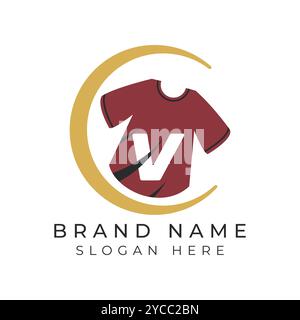 Letter V Logo-Konzept mit T-Shirt. Design mit Mondgesicht und „Letter V“-Schriftzug Stock Vektor