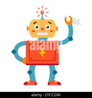 Freundlicher Roboter, der die Hand winkt. Kinderspielzeug Stock Vektor