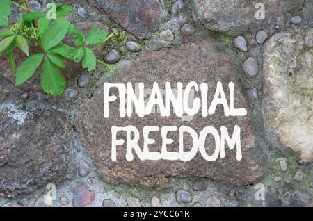 Symbol für finanzielle Freiheit. Steinmauer mit den Worten finanzielle Freiheit. Wunderschöner Steinhintergrund. Business and Financial Freedom-Konzept. Kopierbereich. Stockfoto