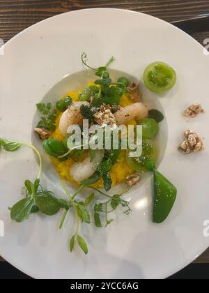 Ein wunderschön überzogenes Risotto primavera, garnessig, grüne Tomaten, Walnüsse und Erbsensprossen, Mischung von lebendigen Aromen und Texturen Stockfoto