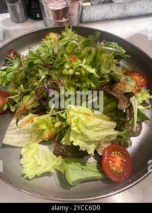 Frischer gemischter Grünsalat mit Kirschtomaten, Mikrogrün und einem leichten Vinaigrette-Dressing, serviert in einer rustikalen Schüssel, eine erfrischende und gesunde Mahlzeit Stockfoto