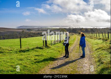 Zwei Frauen bewundern den Blick über die South Downs in der herrlichen Herbstsonne in der Nähe von Glatting Beacon in der Gegend von Bignor und Sutton, West Sussex, England. Stockfoto