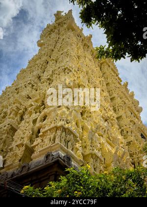 Torturm des Thanumalayan Tempels, auch Sthanumalayan Tempel genannt, befindet sich in Suchindram im Bezirk Kanyakumari von Tamil Nadu, Indien. Stockfoto