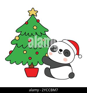 Niedlicher Panda-Zeichentrickfigur mit Weihnachtslampe Vektor - entzückende Feiertags-Illustration Stock Vektor