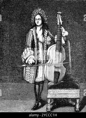 Johannes Schenck (Amsterdam 1660–1712), Gamba- oder Bassgambe spielt, Musiker, historische Illustration 1892 Stockfoto