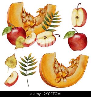 Legen Sie die Kürbisscheibe mit roten Äpfeln fest. Hochwertige Abbildung. Auf weißem Hintergrund. Herbstset, Ernte, Dekoration, Design. Zum Kochen, Typografie, Aufkleber, Textilien. Zutaten für Rezepte Stockfoto