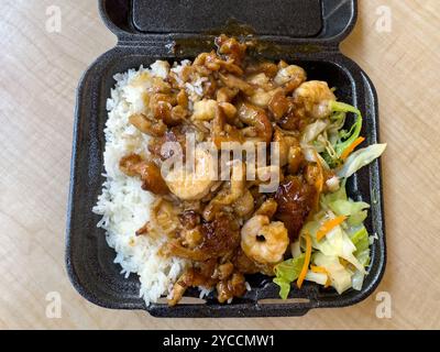 Food Court serviert Teriyaki-Hühnchen und Garnelen mit weißem Reis Stockfoto