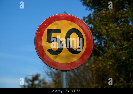 Ein Straßenschild mit einer Geschwindigkeitsbegrenzung von 50 km/h steht deutlich vor einem hellblauen Himmel und grünem Laub und führt die Fahrer auf einer stark befahrenen Straße Stockfoto