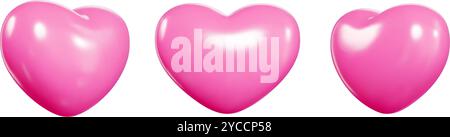 Set aus drei schwebenden Ballons mit glänzendem rosa 3D-Herz und Schatten. Realistischer Vektor Stock Vektor