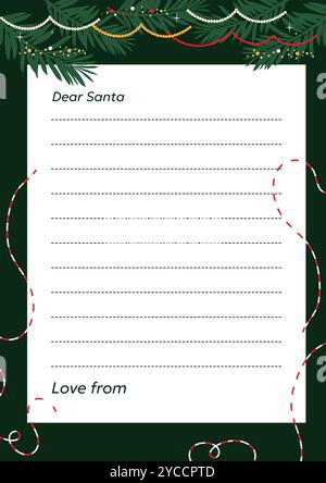 Elegante Vorlage für die Wunschliste zu Weihnachten. Handgezeichnetes Design auf dunkelgrünem Hintergrund mit Tanne. Vektorabbildung Stock Vektor