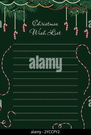 Elegante Vorlage für die Wunschliste zu Weihnachten. Handgezeichnetes Design auf dunkelgrünem Hintergrund. Vektorabbildung Stock Vektor