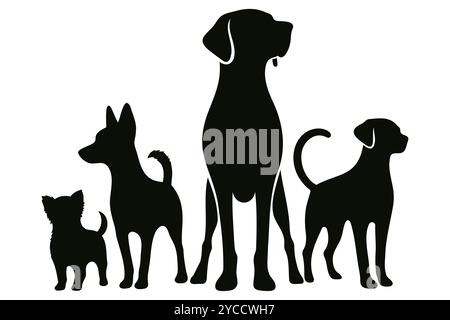 Vektorabbildung. Silhouetten von schwarzen Hunden. Set mit Tieraufklebern. Großer Satz Stock Vektor
