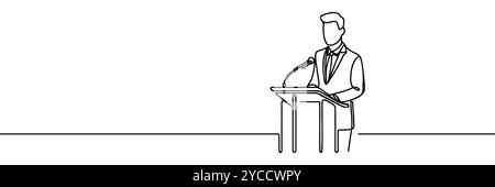 Einzelne durchgehende Linienzeichnung Geschäftsmann-Rede hinter dem Podium. Ich möchte alle einladen, sich mehr um die natürlichen Bedingungen zu kümmern, um Ai zu vermeiden Stock Vektor