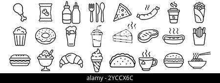 Fastfood-Symbole mit flacher Linie. Burger, schnelle Snacks, Sandwich, Pommes frites, Hot Dog, mexikanischer Burrito, Pizza-Vektor-Illustrationen. Dünne Schilder für das Restaurant Stock Vektor