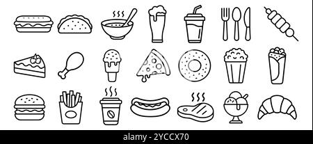Fastfood-Symbole mit flacher Linie. Burger, schnelle Snacks, Sandwich, Pommes frites, Hot Dog, mexikanischer Burrito, Pizza-Vektor-Illustrationen. Dünne Schilder für das Restaurant Stock Vektor
